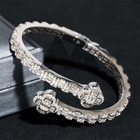 White Gold Plated 925 Silver Moissanite Clover Bangle, Baguette Bracelet - Image 3
