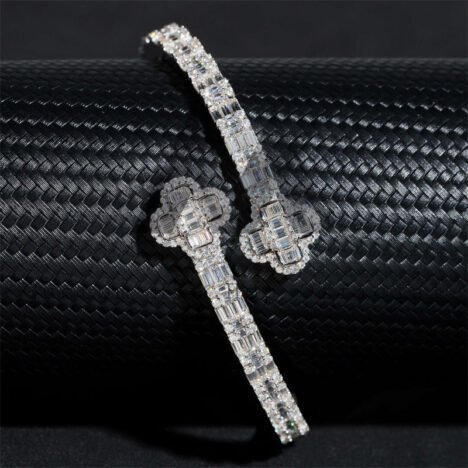 White Gold Plated 925 Silver Moissanite Clover Bangle, Baguette Bracelet - Image 5