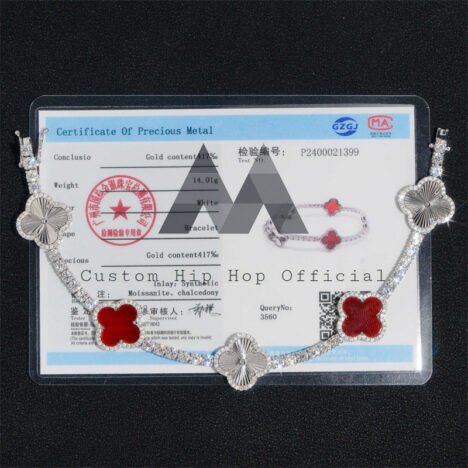 10K White Gold 3MM Moissanite Clover Tennis Bracelet with Red Agate - Image 4