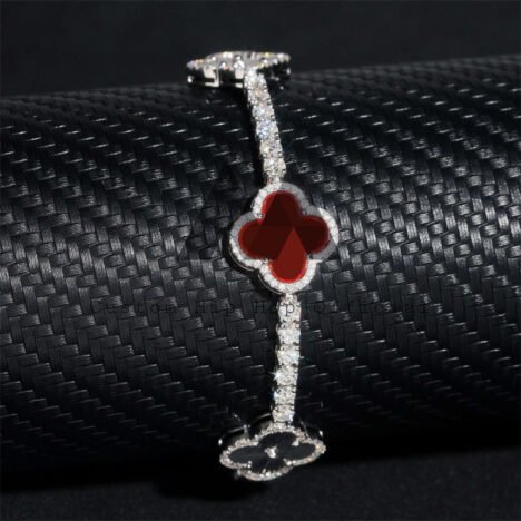 10K White Gold 3MM Moissanite Clover Tennis Bracelet with Red Agate - Image 3