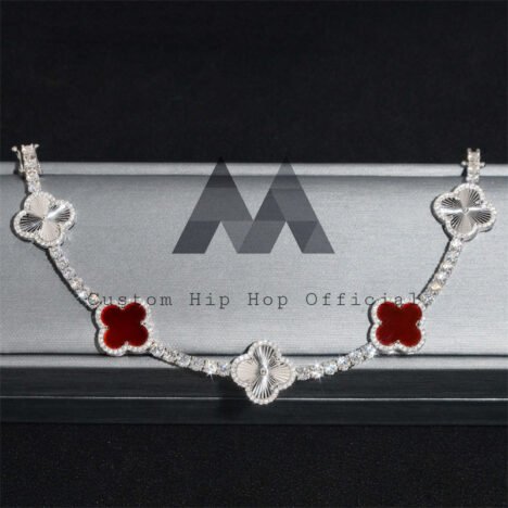 10K White Gold 3MM Moissanite Clover Tennis Bracelet with Red Agate - Image 2