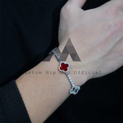 10K White Gold 3MM Moissanite Clover Tennis Bracelet with Red Agate - Image 5