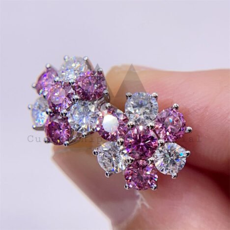 Iced Out Women And Men White Mix Pink Moissanite Cluster Earrings 12MM Screw Back - Image 3