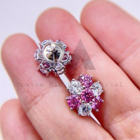 Iced Out Women And Men White Mix Pink Moissanite Cluster Earrings 12MM Screw Back - Image 5