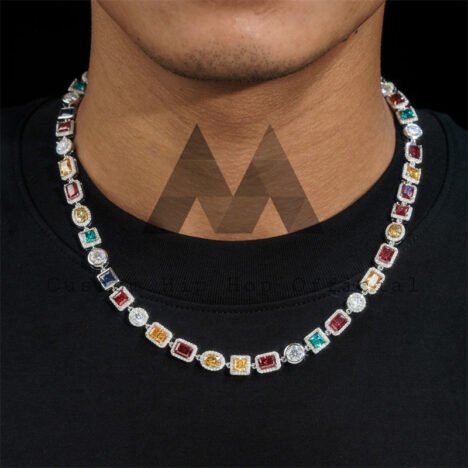 10MM Sterling Silver 925 Men New Fashion Colorful Jewelry Color Moissanite Cluster Tennis Chain Halo Style - Image 3