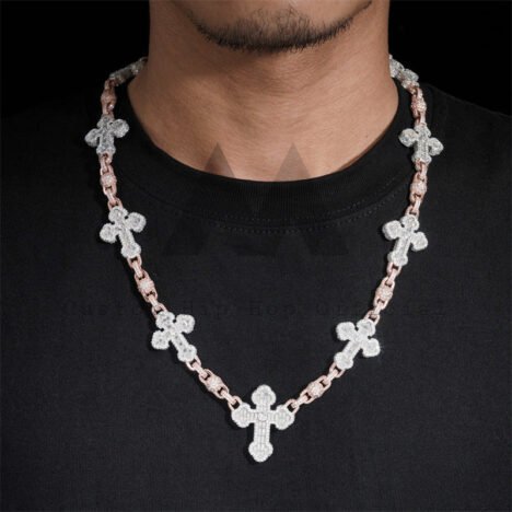 Rose Gold Two Tone Iced Out Moissanite Hip Hop 8MM Ball Cross Rosary Chain Necklace - Image 2