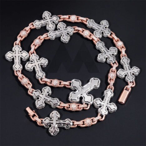 Rose Gold Two Tone Iced Out Moissanite Hip Hop 8MM Ball Cross Rosary Chain Necklace - Image 3