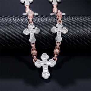 Rose Gold Two Tone Iced Out Moissanite Hip Hop 8MM Ball Cross Rosary Chain Necklace - Image 4