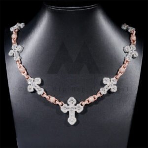 Rose Gold Two Tone Iced Out Moissanite Hip Hop 8MM Ball Cross Rosary Chain Necklace - Image 5