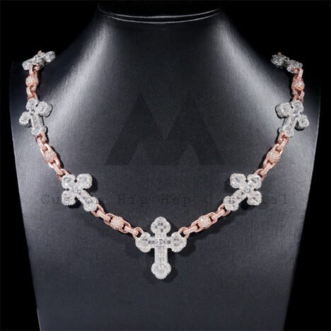 Rose Gold Two Tone Iced Out Moissanite Hip Hop 8MM Ball Cross Rosary Chain Necklace - Image 5