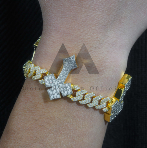 13MM Two-Tone Moissanite Cuban Link Bracelet with Baguette Cross - Hip Hop Jewelry