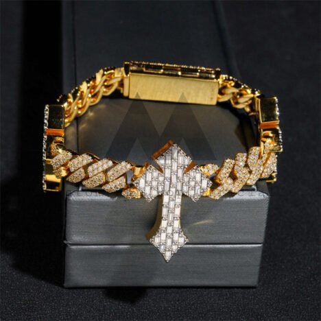 13MM Two-Tone Moissanite Cuban Link Bracelet with Baguette Cross - Hip Hop Jewelry - Image 2