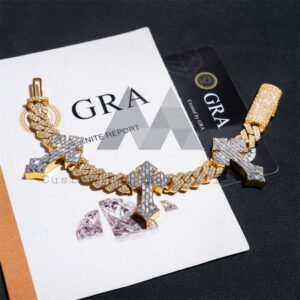13MM Two-Tone Moissanite Cuban Link Bracelet with Baguette Cross - Hip Hop Jewelry - Image 3