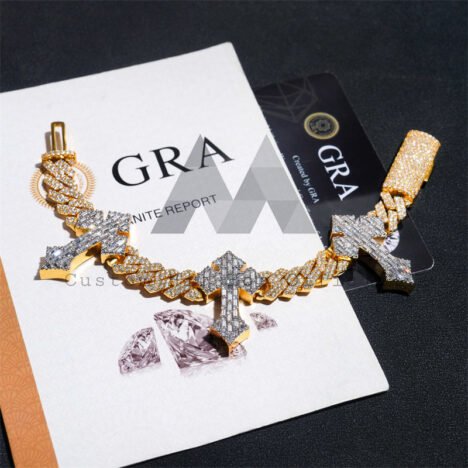 13MM Two-Tone Moissanite Cuban Link Bracelet with Baguette Cross - Hip Hop Jewelry - Image 3