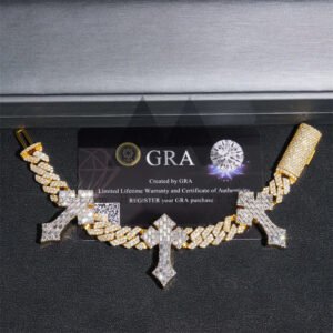 13MM Two-Tone Moissanite Cuban Link Bracelet with Baguette Cross - Hip Hop Jewelry - Image 4