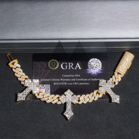 13MM Two-Tone Moissanite Cuban Link Bracelet with Baguette Cross - Hip Hop Jewelry - Image 4