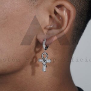 Men's 925 Sterling Silver Moissanite Ankh Cross Hoop Earrings - Iced Out Hip Hop Jewelry - Image 2