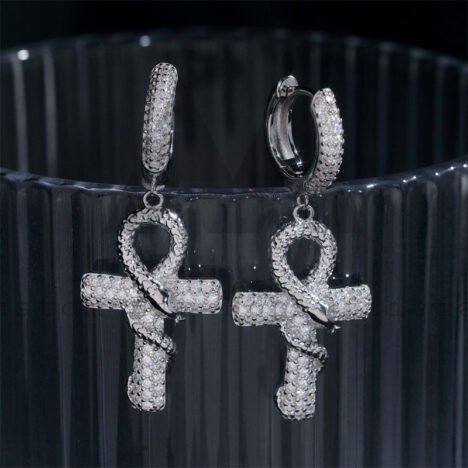 Men's 925 Sterling Silver Moissanite Ankh Cross Hoop Earrings - Iced Out Hip Hop Jewelry