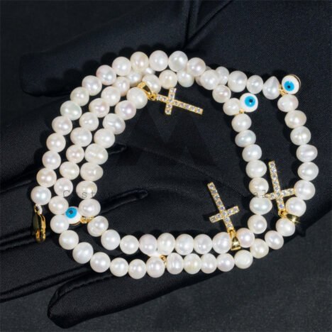Gold Plated Moissanite 8MM Fresh Water Pearls Necklace With Evil Eye And Cross Charm - Image 2