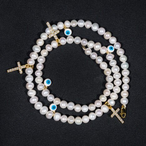 Gold Plated Moissanite 8MM Fresh Water Pearls Necklace With Evil Eye And Cross Charm - Image 3