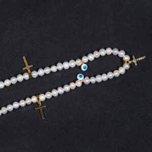 Gold Plated Moissanite 8MM Fresh Water Pearls Necklace With Evil Eye And Cross Charm - Image 4