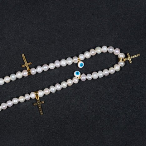 Gold Plated Moissanite 8MM Fresh Water Pearls Necklace With Evil Eye And Cross Charm - Image 4