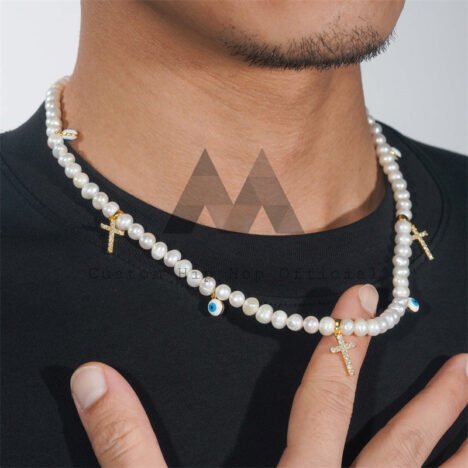 Gold Plated Moissanite 8MM Fresh Water Pearls Necklace With Evil Eye And Cross Charm - Image 5