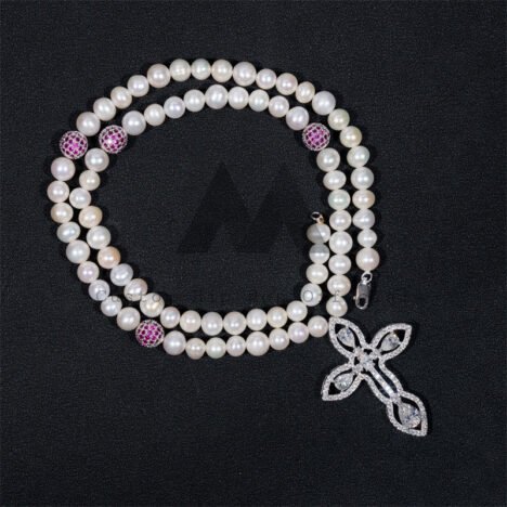 8MM Pearl Neckalce Iced Out Moissanite Cross Charm Pearl Necklace With Red Cubic Zirconia Disc Ball Chain - Image 2
