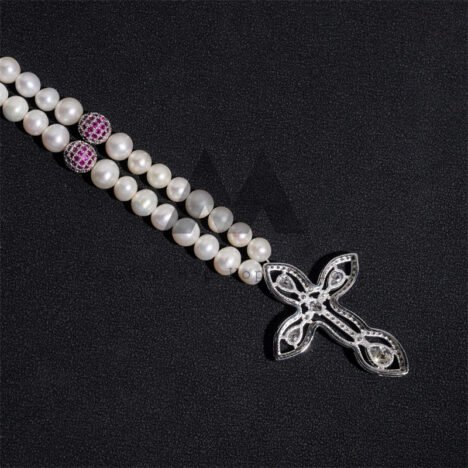 8MM Pearl Neckalce Iced Out Moissanite Cross Charm Pearl Necklace With Red Cubic Zirconia Disc Ball Chain - Image 3