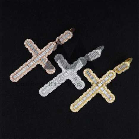 Men's VVS Moissanite Baguette Cross Pendant, Iced Out 4MM Tennis Chain Compatible, Hip Hop Jewelry - Image 5