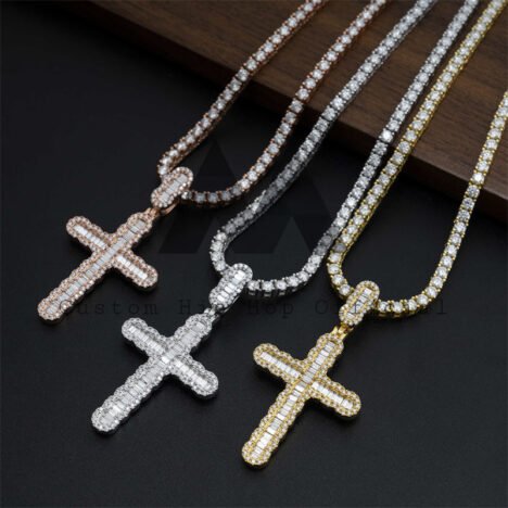 Men's VVS Moissanite Baguette Cross Pendant, Iced Out 4MM Tennis Chain Compatible, Hip Hop Jewelry