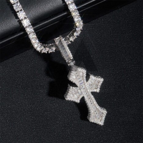 White Gold Sterling Silver 925 Iced Out Rapper Jewelry Baguette Cut Moissanite Cross Pendant Fit For 4MM Tennis Chain - Image 4