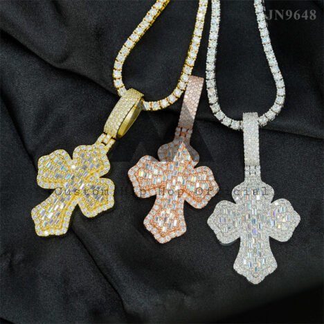 Moissanite Cross Pendant for Hip Hop Jewelry, Baguette Design, Fits 5MM Tennis Chain