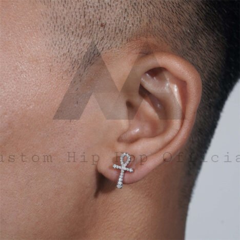 925 Sterling Silver Iced Out Moissanite Ankh Cross Stud Earrings Moissanite Screw Back - Image 2