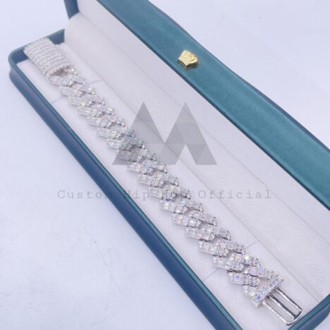 Iced Out Moissanite Cuban Link Bracelet, Sterling Silver White Gold, 2 Row Baguette Cut, Hip Hop Jewelry - Image 2