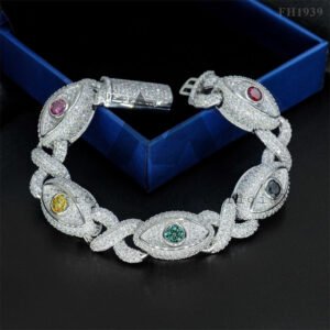 15MM Evil Eye Cuban Link Bracelet 925 Silver with Color Moissanite - Hip Hop Jewelry
