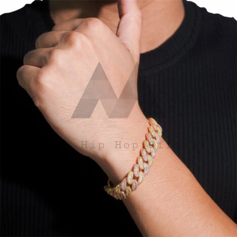 Hip Hop Iced Out 925 Sterling Silver Rose gold Mix Yellow Gold 13MM Width Baguette Cut Moissanite Cuban Bracelet For Men - Image 2