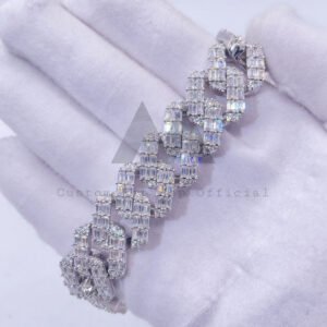 Iced Out Moissanite Cuban Link Bracelet, Sterling Silver White Gold, 2 Row Baguette Cut, Hip Hop Jewelry - Image 3
