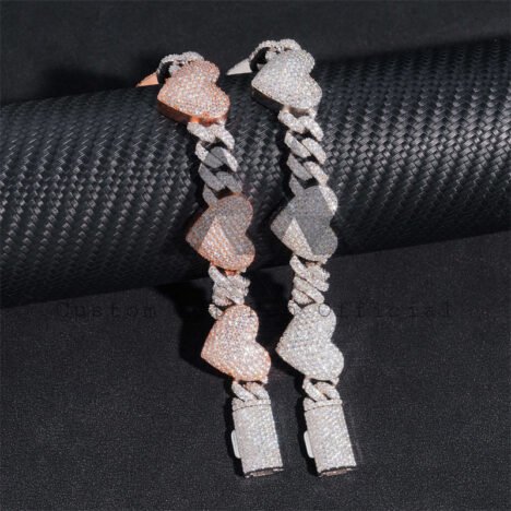 Sterling Silver 925 Men Fashion 10mm Cuban Link Iced Out Moissanite Bracelet With Heart Charm - Image 4