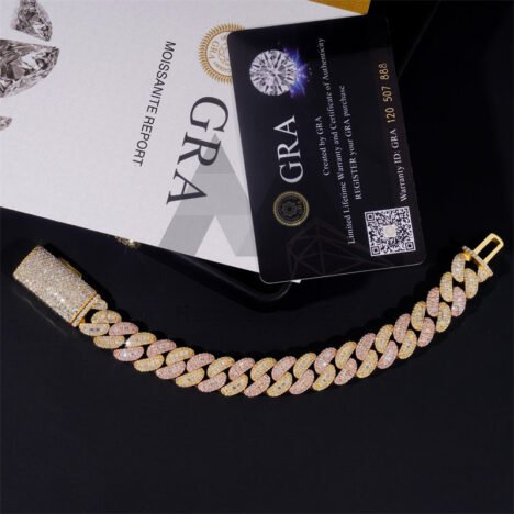 Hip Hop Iced Out 925 Sterling Silver Rose gold Mix Yellow Gold 13MM Width Baguette Cut Moissanite Cuban Bracelet For Men - Image 4