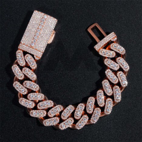 Three Stone Design 18MM Iced Out Moissanite Diamond Cuban Link Bracelet Rose Gold Plating Over 925 Silver