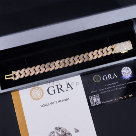 Hip Hop Iced Out 925 Sterling Silver Rose gold Mix Yellow Gold 13MM Width Baguette Cut Moissanite Cuban Bracelet For Men - Image 5