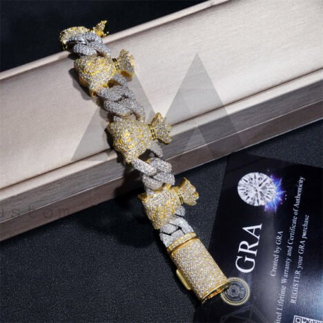 Yellow Gold Two Tone Silver 925 Moissanite Iced Out Hip Hop 15MM Cuban Bracelet Mix Money Bag Charms - Image 6