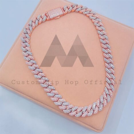 15MM Three Stone Design Miami Cuban Link Chain Moissanite Diamond Rose Gold Two Tone - Image 2