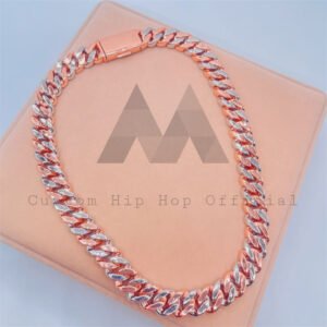 15MM Three Stone Design Miami Cuban Link Chain Moissanite Diamond Rose Gold Two Tone - Image 3