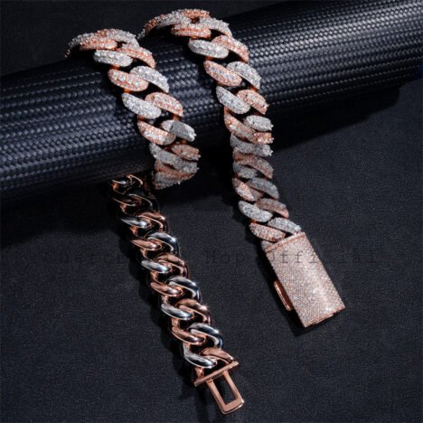 VVS Moissanite Diamond Iced Out Hip Hop 18MM Rose Gold Mix White Gold Three Rows Link Chain - Image 2