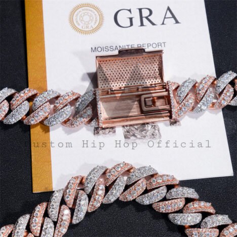 VVS Moissanite Diamond Iced Out Hip Hop 18MM Rose Gold Mix White Gold Three Rows Link Chain - Image 3