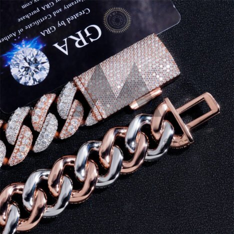 VVS Moissanite Diamond Iced Out Hip Hop 18MM Rose Gold Mix White Gold Three Rows Link Chain - Image 4