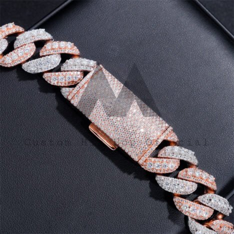 VVS Moissanite Diamond Iced Out Hip Hop 18MM Rose Gold Mix White Gold Three Rows Link Chain - Image 5