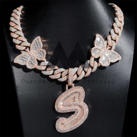 Iced Out VVS D Color Moissanite Butterfly Cuban Chain with Custom Initial 'S' Pendant - Hip Hop Jewelry